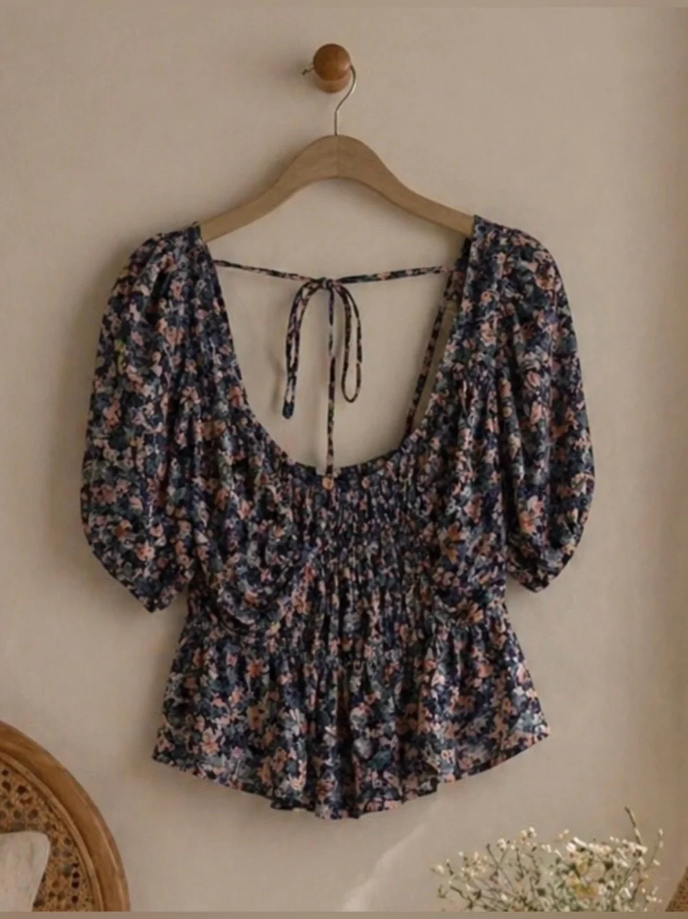 ASTR The Label Floral Corset Top Small Puff Sleeve Peplum Cottagecore